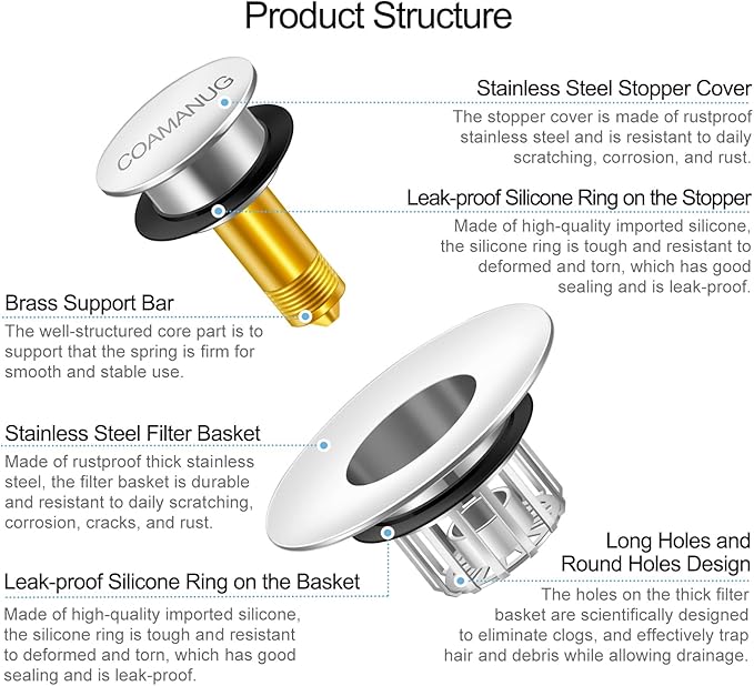 COAMANUG Bathtub Stopper | Shower Drain Hair Catcher, Pop-up Tub Stopper with Strainer | Pop-up Bathtub Drain Plug | Drain Protector for 1-1/2 to 1-3/4" Bath Drain Hole- Pearl Chrome