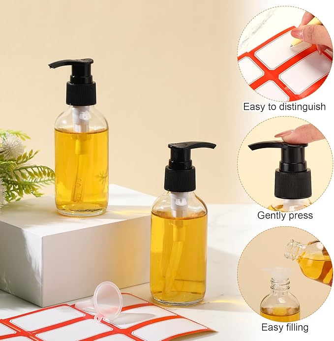 Fumete 2 Pack Glass Bottles 4oz Empty Refillable Liquid Containers with 1 Label 1 Funnel for Essential Oils Hair Travel Plants Cleaning Skin Care(Clear, Black Top,Pump Bottle)
