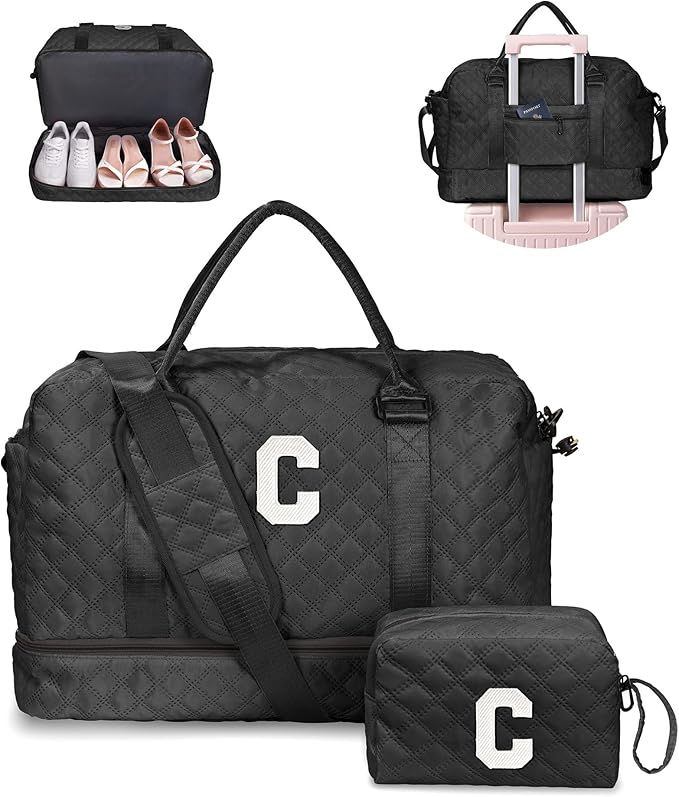 Birthday Gifts for Women - Initial Duffle Bag with Shoe Compartment, Personalized Weekender Bag, Monogram Overnight Bag, Letter Travel Bag with Makeup Bag, Friend Wife Birthday Gift (Letter C)