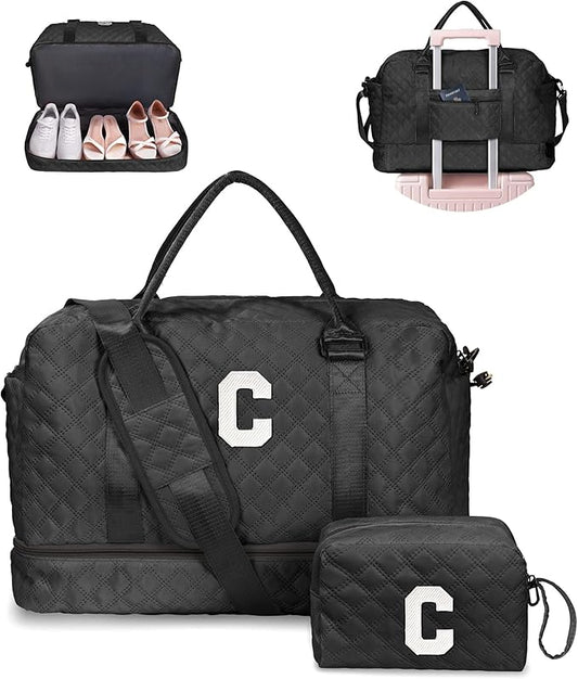 Birthday Gifts for Women - Initial Duffle Bag with Shoe Compartment, Personalized Weekender Bag, Monogram Overnight Bag, Letter Travel Bag with Makeup Bag, Friend Wife Birthday Gift (Letter C)