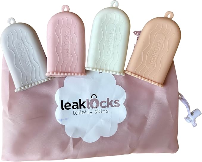 LeakLocks® Toiletry Skins™ Elastic Sleeve for Leak Proofing Travel Container in Luggage. For Standard and Travel Sized Toiletries. Reusable Accessory for Travel Bag Suitcase and Carry-on Luggage