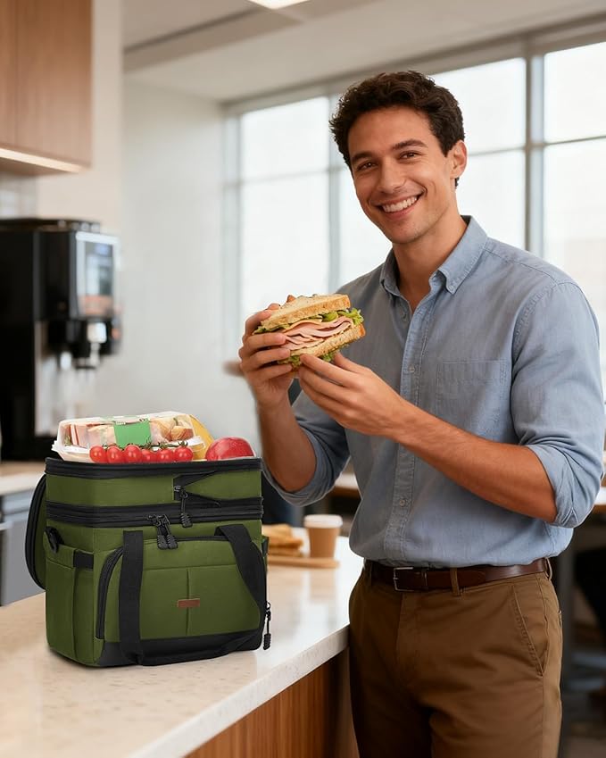 Pritent Lunch Box For Men Women Double Deck Insulated Lunch Bag For Men Woman Leakproof Expandable Cooler Bag with Adjustable Shoulder Strap for Work Shool Picnic(Green,Medium)