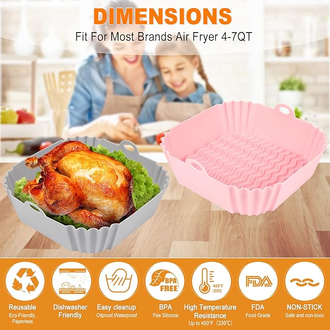2 PCS Square Silicone Air Fryer Liners - 8 Inch Air Fryer Reusable Liners - Kitchen Accessories - AirFryer Inserts for 4 to 7 QT Oven Microwave Accessories (Grey + Pink)