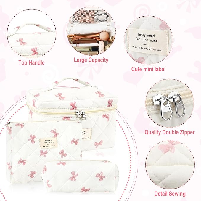 3Pcs Cotton Quilted Makeup Bag for Women Extra Large Coquette Small Floral Travel Cosmetic Bag Set Aesthetic Cute Bow Makeup Pouch Portable Toiletry Bag Puffy Essential Storage Organizer