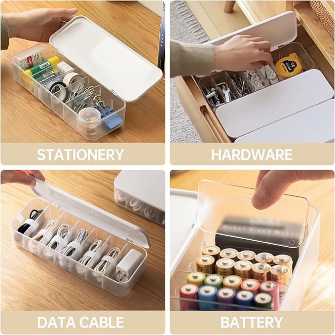 2 Pcs Cable Organizer Storage Box with 14 Wire Ties,Desktop Cable Management Box with Lid,Power Cord Organizer for Office,Home,Desk Accessories Storage Stationery Supplies White