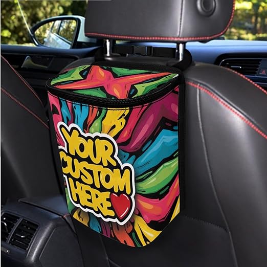 Custom Car Trash Can, Personalized Printing with Your Logo Photo Design, Adjustable Hanging Car Trash Bin with Zipper Lid for Back of Front Seat/Tail of Console, Easy to Clean, 1.2 Gallons