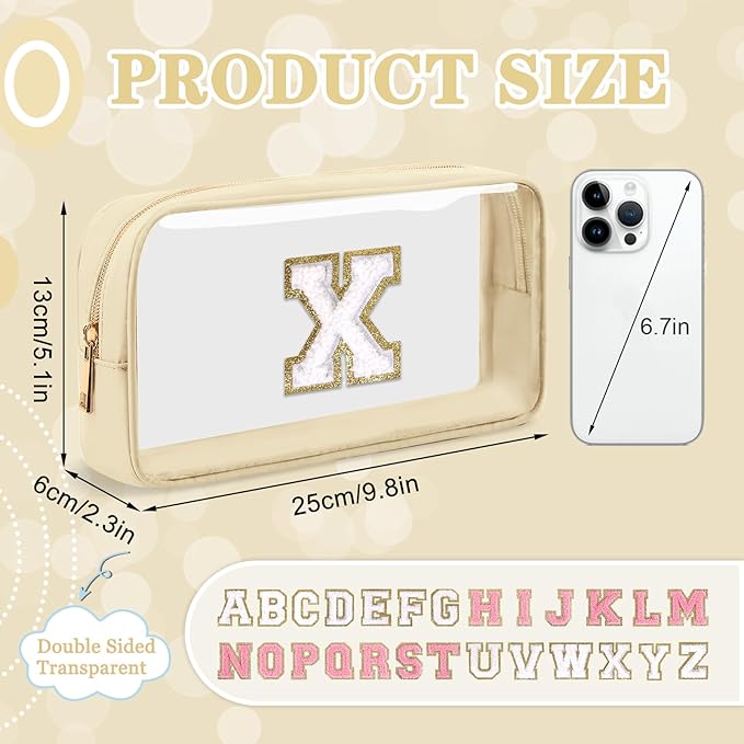 Small Clear Personalized Initial Makeup Bag, Preppy A-Z Chenille Letter Patch Cosmetic Bag, Cute Transparent Nylon Waterproof Zipper Beach Varsity Letter Pouch, Gift for Women Girls(Beige-White X)