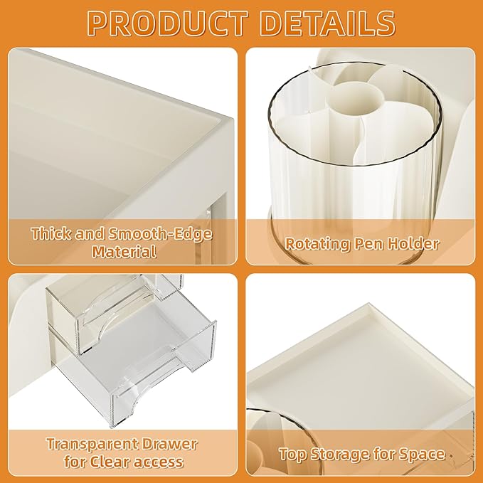 Marbrasse Desk Organizer with 2 Drawer, 360°Rotating Pen Holder, Desk Organizers and Accessories with 6 Slots Pencil Organizer + 2 Drawer, Art Supply Storage Box Caddy for Office (Beige)