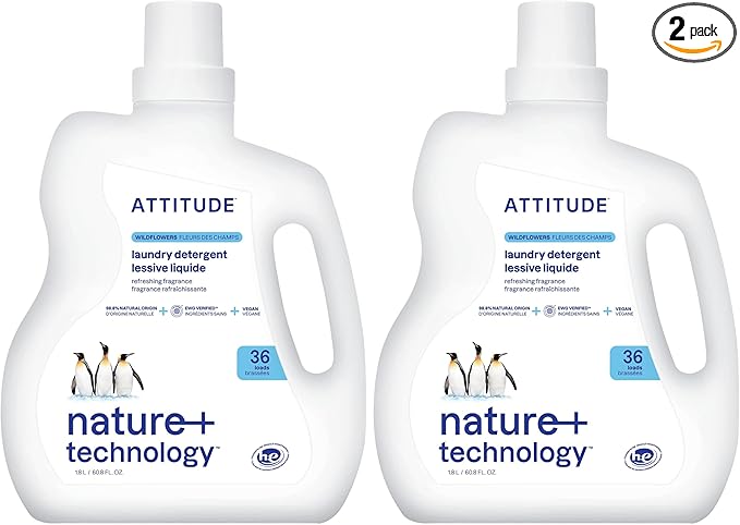 ATTITUDE Liquid Laundry Detergent,EWG Verified,HE Compatible,Plant-Based & Vegan,Natural Laundry Soap,Wildflowers Scent,36 Loads,60.8 Fl Oz,(Pack of 2)