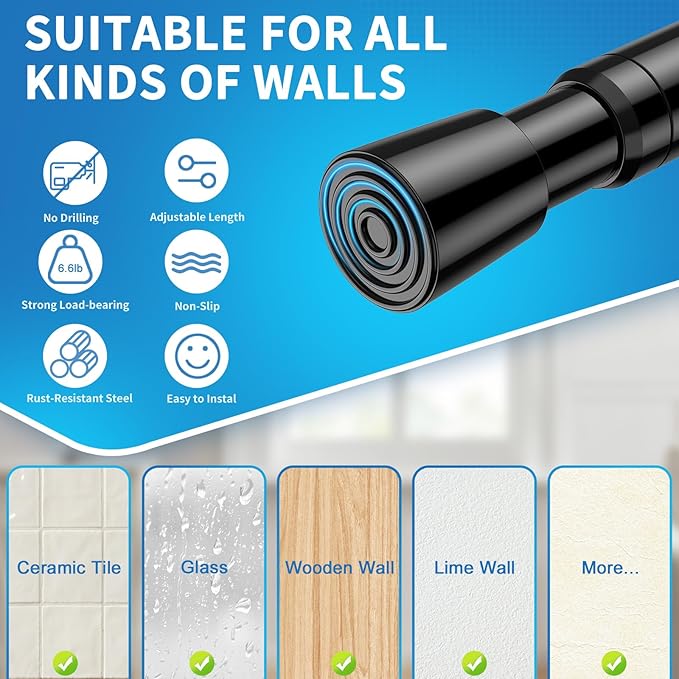 AIZESI Tension Curtain Rod for Windows 26.5 to 36 inch, Adjustable Expandable Pressure Spring Curtain Rod No Drilling, Black Curtain Rod for Bedroom Doorway Closet Door