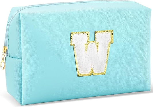 Gifts for Girls Initial Makeup Bag Personalized Cosmetic Bag with Zipper Cute Travel Toiletry Bag Waterproof PU Preppy Makeup Pouch Birthday Gift for Teen Girls Women(Blue W)