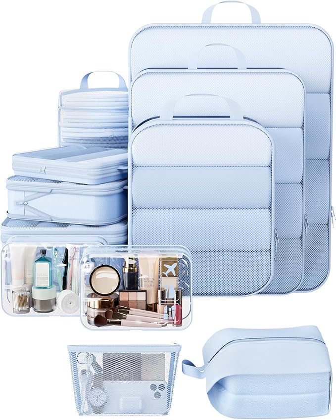 Veken 11-Piece Compression Packing Cubes for Travel Essentials, Compressible Expandable Large Luggage Suitcase Organizer Bags for Clothing, Durable Space Saver Storage Bags with Toiletry Bags (Light Blue)