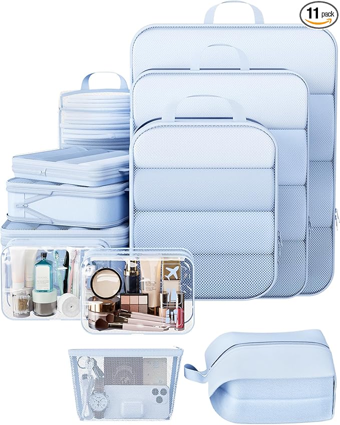 Veken 11 Set Compression Packing Cubes for Travel Essentials,Compressible Expandable Large Luggage Suitcase Organizer Bags for Clothing,Durable Space Saver Storage Bags with Toiletry Bags(Light Blue)