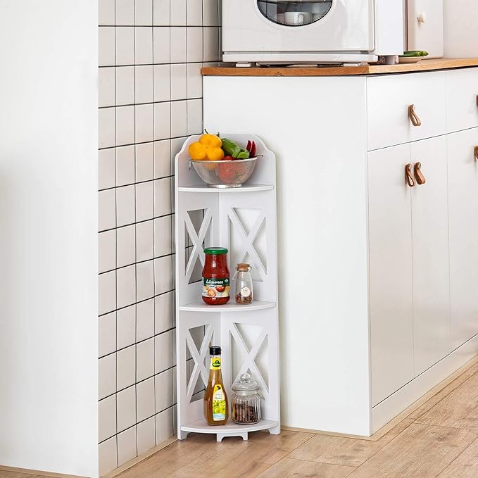 J JINXIAMU Corner Shelf Stand, Storage Organizer Great for Bathroom, Corner Shelf Perfect for Small Space,Waterproof Stand Also Use for Toilet Paper Stand,White