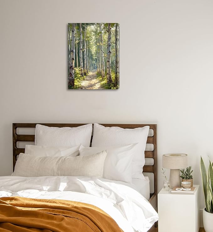 White Birch Tree Wall Art Green Forest Canvas Painting Prints Nature Scenery Landscape 3D Textured Picture for Bathroom Bedroom Living Room Wall Decor Modern Home Office Artwork Framed 12x16 Inch