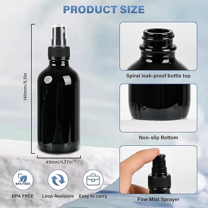 4 PCS, 4 oz Black Glass Mini Spray Bottles, Fine Mist, Refillable Containers for Cleaning Solutions and Skin Care