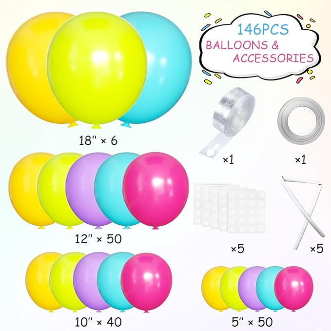 MEBAY Rainbow Balloons Garland Arch Kit, 146Pcs 5 Assorted Color Latex Balloon Different Sizes 18 12 10 5 Inch for Gender Reveal Baby Shower Wedding Birthday Party Decoration