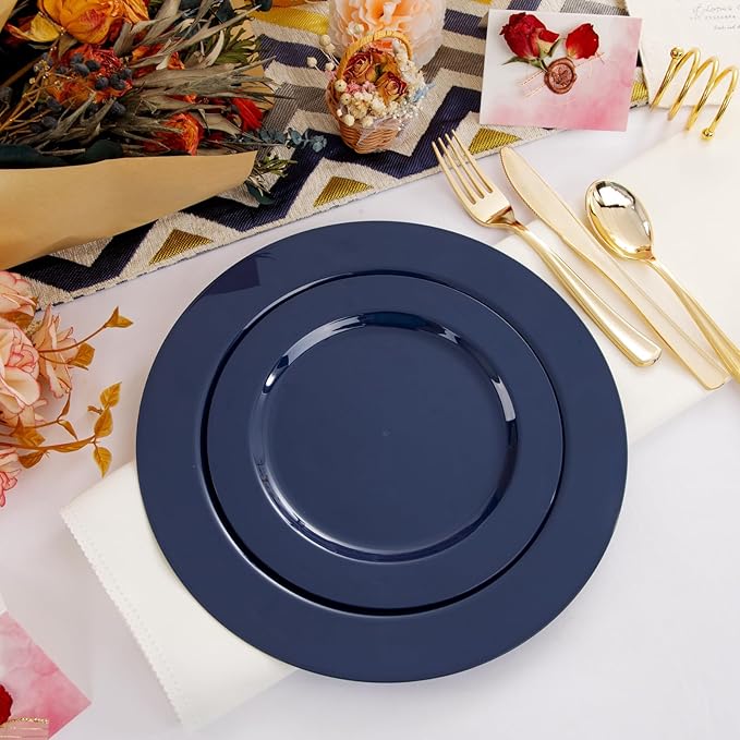 FLOWERCAT 60PCS Blue Plastic Plates - Heavy Duty Blue Disposable Plates (10.25" & 7.5") - Serves 30 Guests for Birthday Parties/Weddings/Presidents' Day/Memorial Day/Hanukkah
