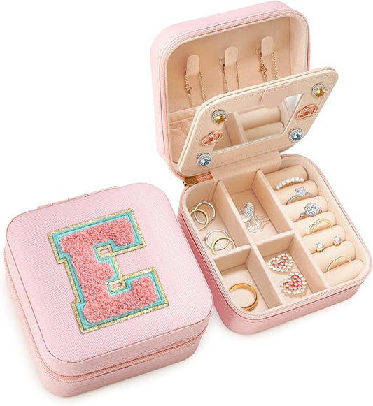 SANDJEST Personalized Jewelry Box, Pink Travel Jewelry Box with Initial E, Small Monogrammed Jewelry Case Organizer for Girls Women Teen Kids, Mini Travel Essentials Gifts for Birthday Christmas