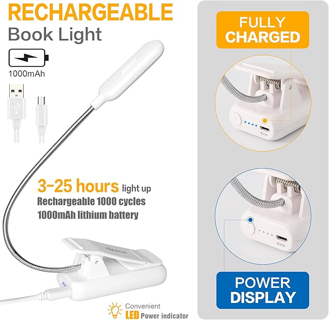 VAVOFO Clip On Book Light for Bed Kids, 7 LED Reading Light with 9-Level Warm Cool White Daylight, Eye Care Lamp with Power Indicator for Bookworms (White)