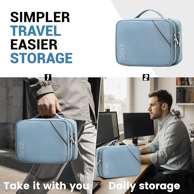 Lanola Travel Cable Organizer Bag, Electronic Accessories Case Portable Double Layer Cable Storage Bag for Cord, Phone, Charger, Flash Drive, SD Card, Phone, Power Bank, Personal Items - Grey