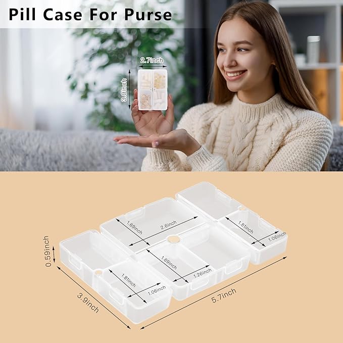 FYY Daily Pill Organizer, 7 Compartments Portable Pill Case Travel Pill Organizer,[Folding Design] Pill Box for Purse Pocket to Hold Vitamins,Cod Liver Oil,Supplements and Medication-Clear