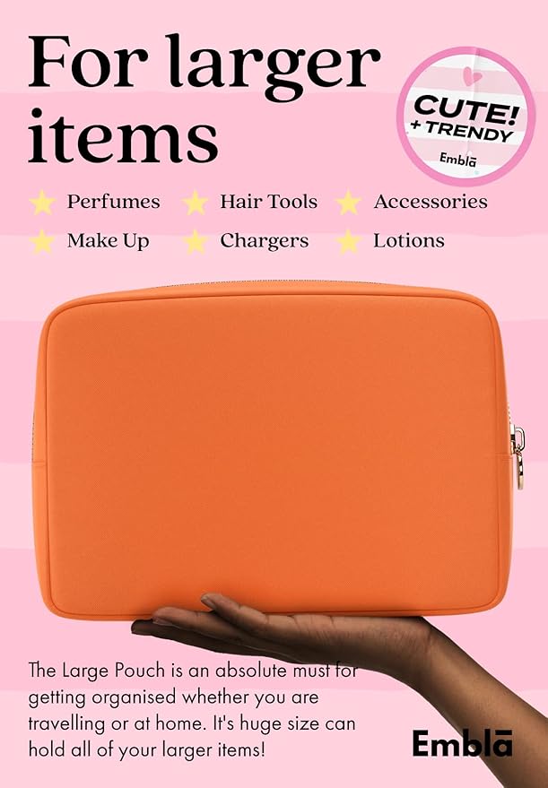 Embla Makeup Bag Travel Cosmetics Pouch and Toiletry Bag, Nylon Zipper Pouch Purse, Cute Make Up Organizer Storage Tote for Women Girls, Waterproof Travel Skincare Case, Large Makeup Bags, Peach