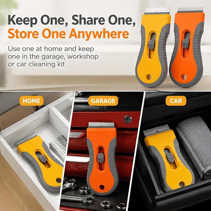 Razor Blade Scraper Tool, 2 Pack Scraper with 20 Replacement Blades, Retractable Scraper with Safety Lock and Non-Slip Grip for Removing Stickers, Labels, Paint, Caulk from Windows, Cooktop and Glass