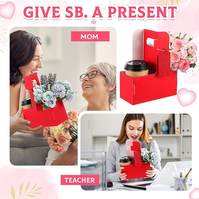 MotiMind 2 Pack Mother's Day 2 Cup Drink Carrier with Handle, Kraft Paperboard Teacher Cup Holder Portable for Hot Cold Drinks, Coffee Carrier Gift with Heart Card Rope (Red)