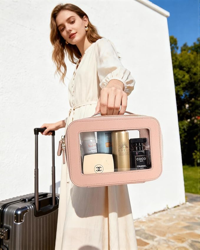 Clear Makeup Bag Set, Small Portable Clear Makeup Bag Cute Waterproof Travel Cosmetic Bag Makeup Pouch TSA Approved Toiletry Bag Women Traveling Car Organizer Car Essentials (Pink, Standard + Mini)