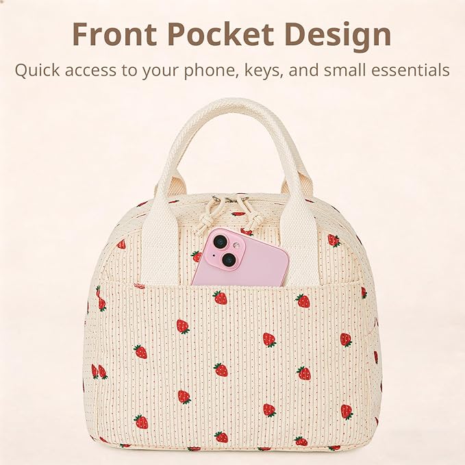 LOVELYWIND Insulated Strawberry Lunch Bag for Women, Stylish Corduroy Tote with Aluminum Lining, Large Capacity Reusable Cooler for Work, Travel, Beach or Picnic, Beige Cream Water-Resistant Lunch Box