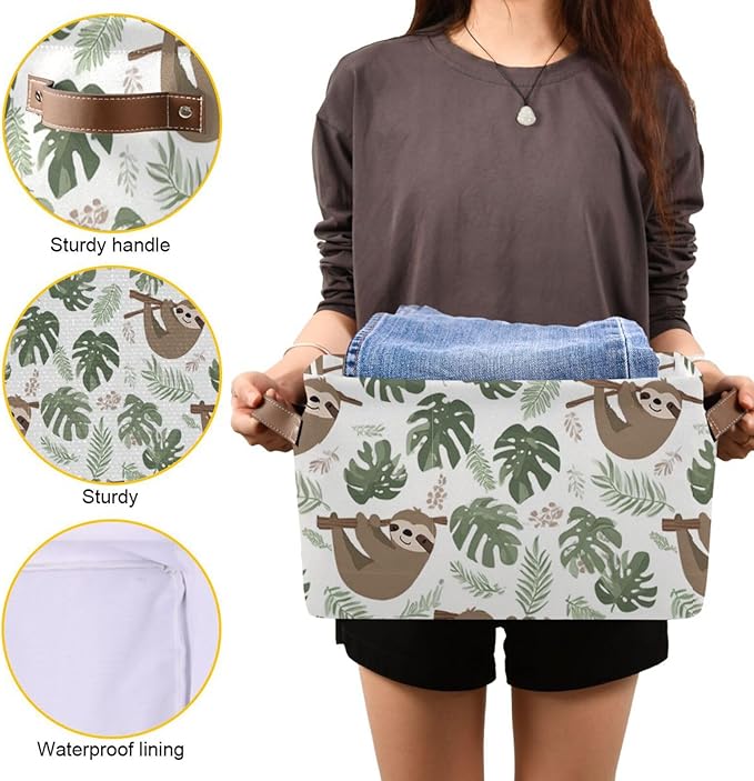 Aslsiy Storage Basket Sloth Tropical Leaves Nursery Bins Baby Box Canvas Clothes Shelf Basket Laundry Hamper Gift Basket for Home Closet 1 Pcs