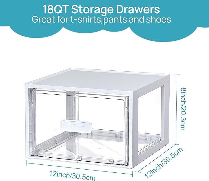 Vtopmart 4 Pack 18QT White Stackable Storage Drawers, Easily Assemble Closet Organizers, Plastic Storage Bins for Bathroom, Cabinet, Kitchen Pantry, Under Sink Organization (Medium)