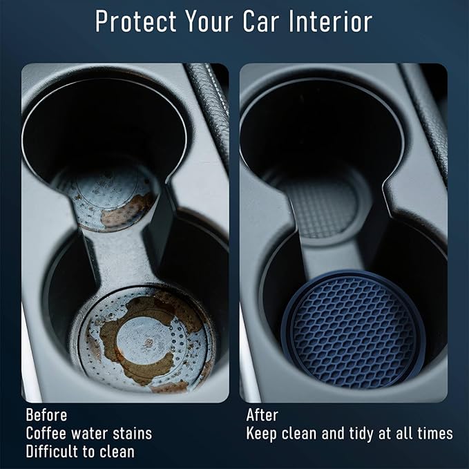 Car Cup Holder Coaster 4 Pack - Non Slip & Shockproof,Flexible PVC Rubber Insert for Car/Truck/SUV/Van (2.75"x0.2") Universal Fit Auto Cup Holders Accessories for Women and Man (Navy Blue)