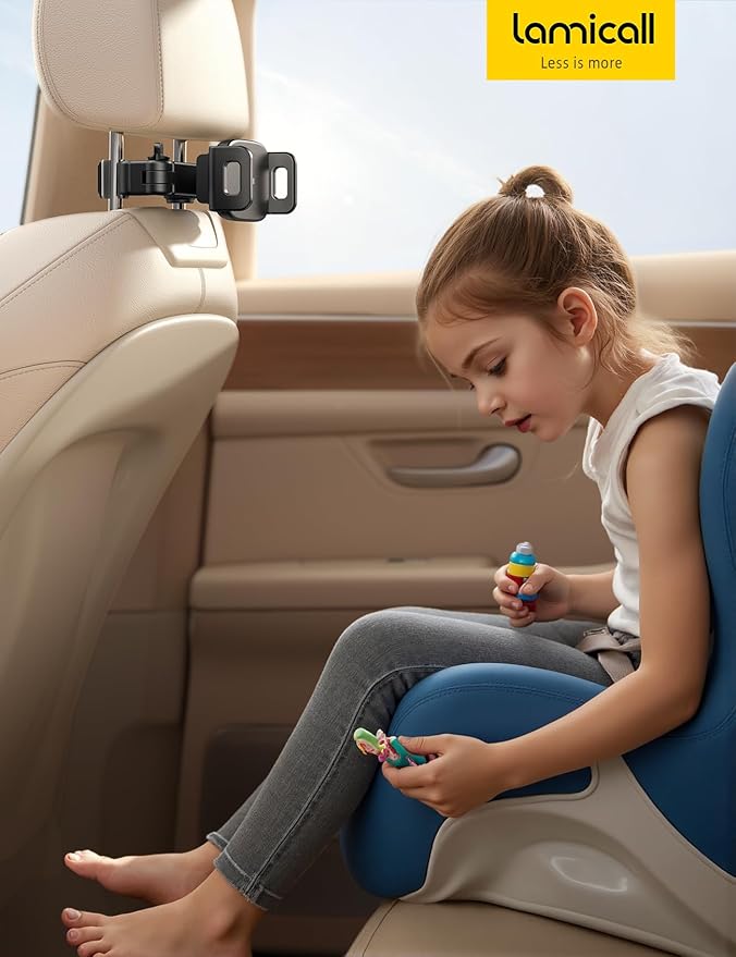 Lamicall Car Headrest Tablet Holder - [3 in 1 Extension Arm] Adjustable Tablet Car Mount for Back Seat, Road Trip Essentials for Kids, for 4.7-11" Device Like iPad Pro, Air, Mini, Galaxy, Fire, Black