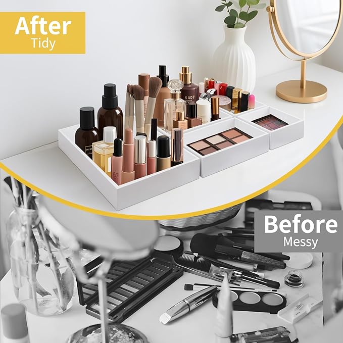 Bamboo Drawer Organizer with 2 Dividers, 5PCS Adjustable Junk Desk Organizer Trays with 7 Grid , Wood Stackable Storage Boxes Bins for Kitchen Flatware, Office Desktop, Bathroom Makeup, Jewelry