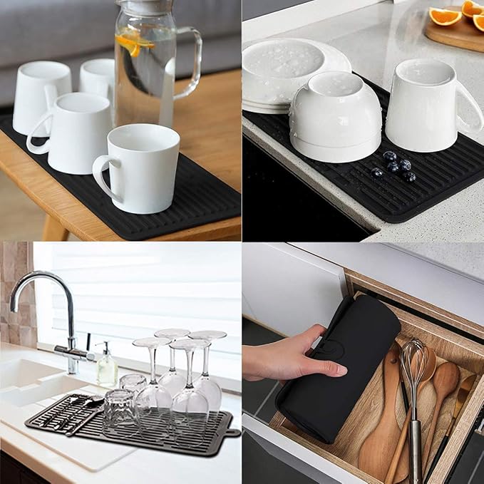 (2 Pack) Black Silicone Dish Drying Mat Silicone Kitchen Countertop Drying Mat for Pots, Pans, Glassware, Silverware