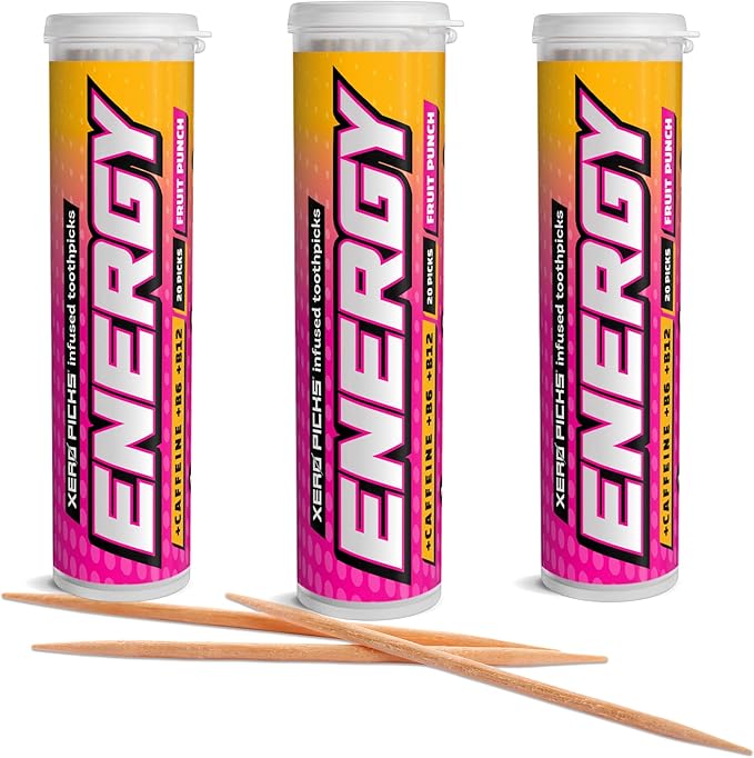 Xero Picks Energy Caffeine Flavored Toothpicks B12 for Focus & B6, 60 Picks (Pack of 3) (Fruit Punch) Sugar-Free Alternative to Energy Mints & Gum - Kosher