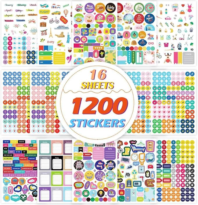 1200+ Pcs Exquisite Annual Planner Stickers for Boys Girls Students Teens,16 Sheet Planner Note Decals Pack for Journals, Calendars,Notebook,Scrapbook Decor(Daily Plan)
