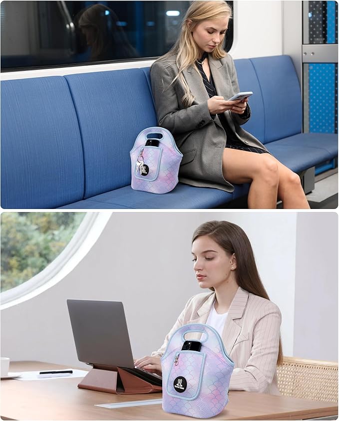 Sports rabbit Neoprene Insulated Lunch Bag for Women - Front Pocket for Phone&Keys - Reusable, Foldable, Lightweight, Waterproof, Easy to Store & Clean - Ideal for Work, Travel & Picnics (mermaid)