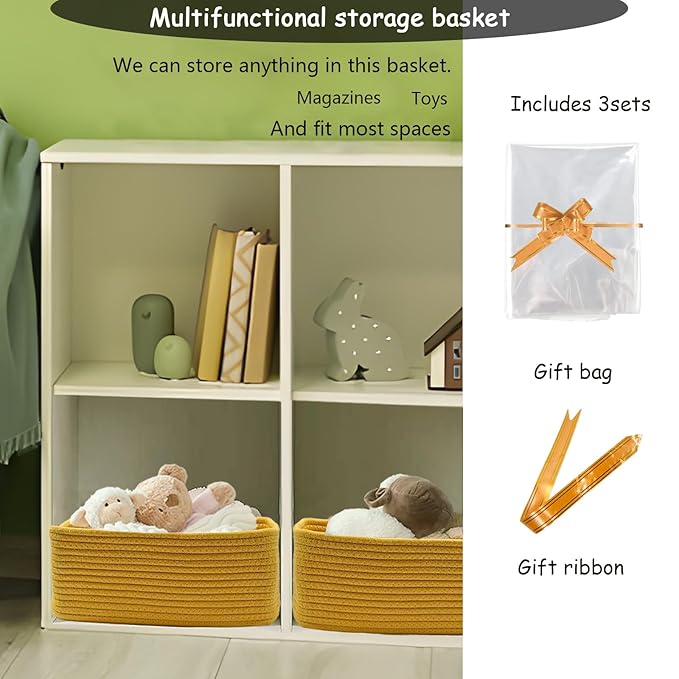 COMFY-HOMI 11.5"x7.5"x4.7" Storage Baskets for Organizing | Cotton Rope Woven Basket | Toy Storage Bin Box | Basket for Shelves, Closet Organizer Bin, Decorative Closet Shelf, 1 Pack,yellow