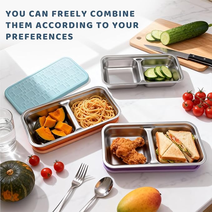 3 Pack 15 oz Stainless Steel Snack Containers for Kids, Reusable Metal Snack Containers with Silicone Lids, 2 Compartment Stackable Metal Toddler Lunch Box for Daycare, School and Outdoor