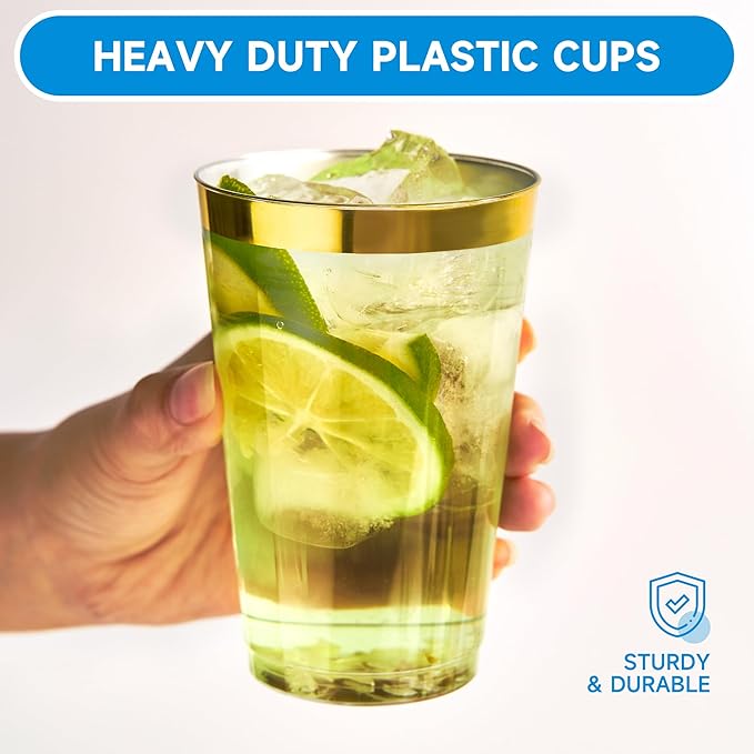 RACETOP 14 oz Disposable Plastic Cups with Gold Rim, Disposable Gold Rim Plastic Cups for Parties, Weddings, Gatherings, and Festival Events 100 Pack