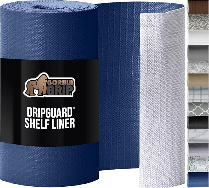 GORILLA GRIP DripGuard Shelf Liner, Non-Adhesive Drawer and Kitchen Cabinet Protector, Strong Grip Slip Resistant Underside, Smooth Surface Liners for Cabinets, Bathroom Closets, 12x120 in, Navy Blue
