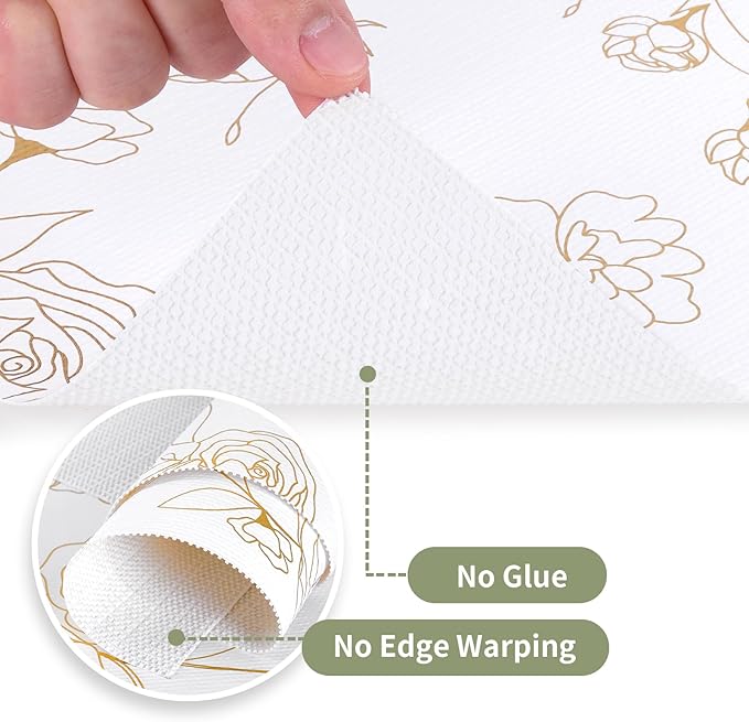 Shelf Liners for Kitchen Cabinets 23.6in x 39.37FT Non Adhesive Drawer Liner Gold Floral Thickened Shelf Liner Paper Strong Non-Slip Easy to Clean for Tool Box Refrigerator with Knife and Tape Measure