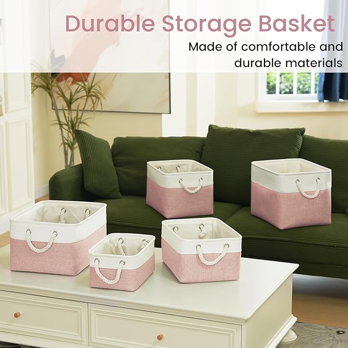 VQRTEXA Large Storage Baskets - 15x11x10 inch Storage Bins for Shelves and Closet Organizing, Foldable Fabric Bin for Home Organization Clothes and Laundry (6-Pack, White&Pink)