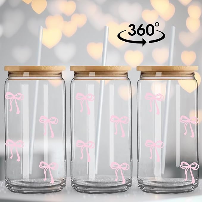 Coquette Cute Pink Bow Glass Cups with Lids and Straws, Aesthetic Iced Coffee Matcha Cup, Girly Preppy Design Tumbler Mug, Valentines Christmas Birthday Gifts for Women, Teen Girl Gifts Trendy Stuff