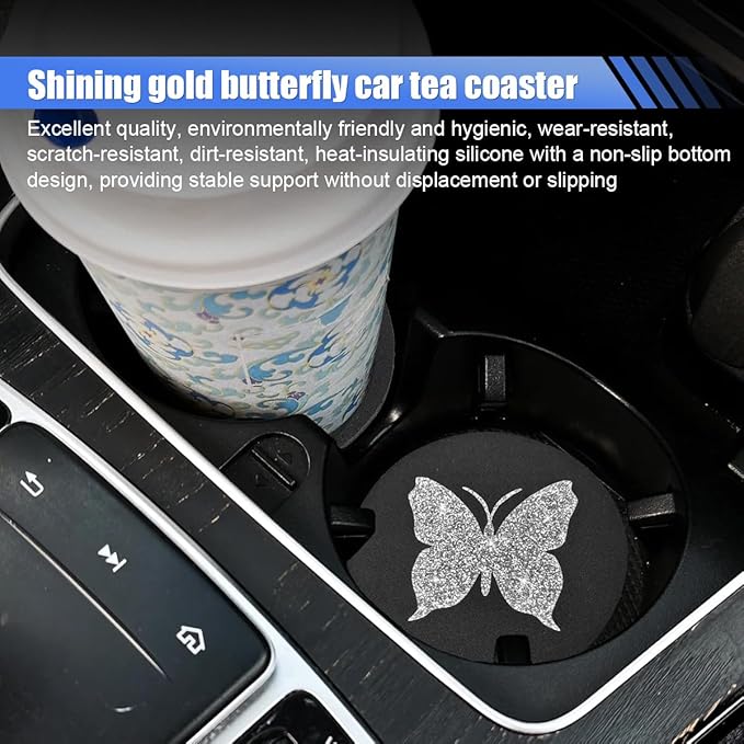 2PCS Bling Butterfly Car Coasters, 2.75'' Anti Slip Insert Cup Holder Coaster, Rhinestone Vehicle Cup Holder Decoration Pad, Universal Auto Interior Drink Water Bottle Mat Accessory (Sliver)