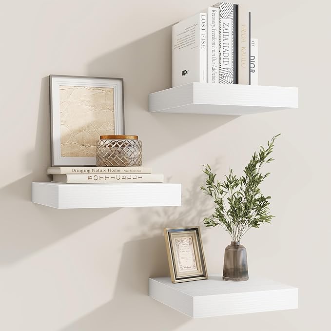 fuqing Floating Shelves for Wall, Wall Mounted Wood Floating Shelf with Invisible Brackets for Living Room, Bathroom, Bedroom, Kitchen Storage and Decor, 6.5 Inch Set of 3, White