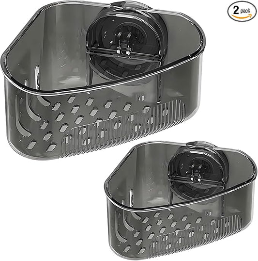 2PCS Sink Organizer and Caddy, Corner Sink Rack with Suction Cup Mount, Drain Box Holder for Kitchen Sponge, Scrubber, Soap Dispenser Storage, Black Adhesive Corner Organizer